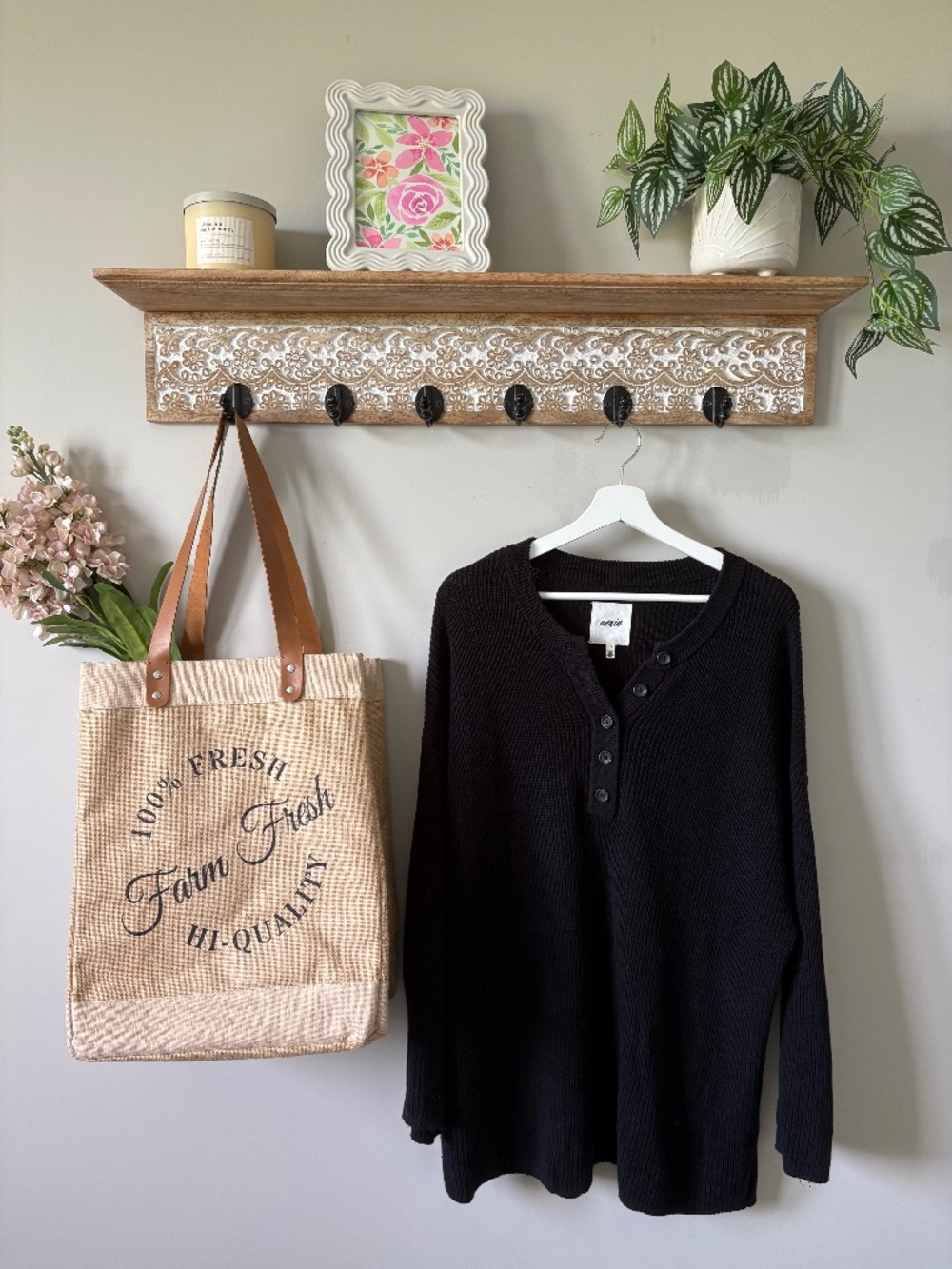 Aerie Black Henley Knit Sweater